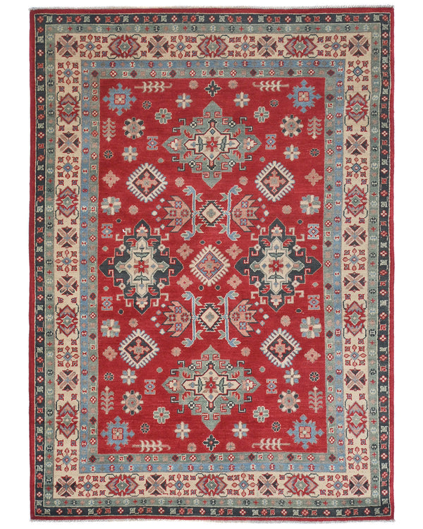 5x7 Red Kuba Afghan Hand Knotted Wool Area Rug